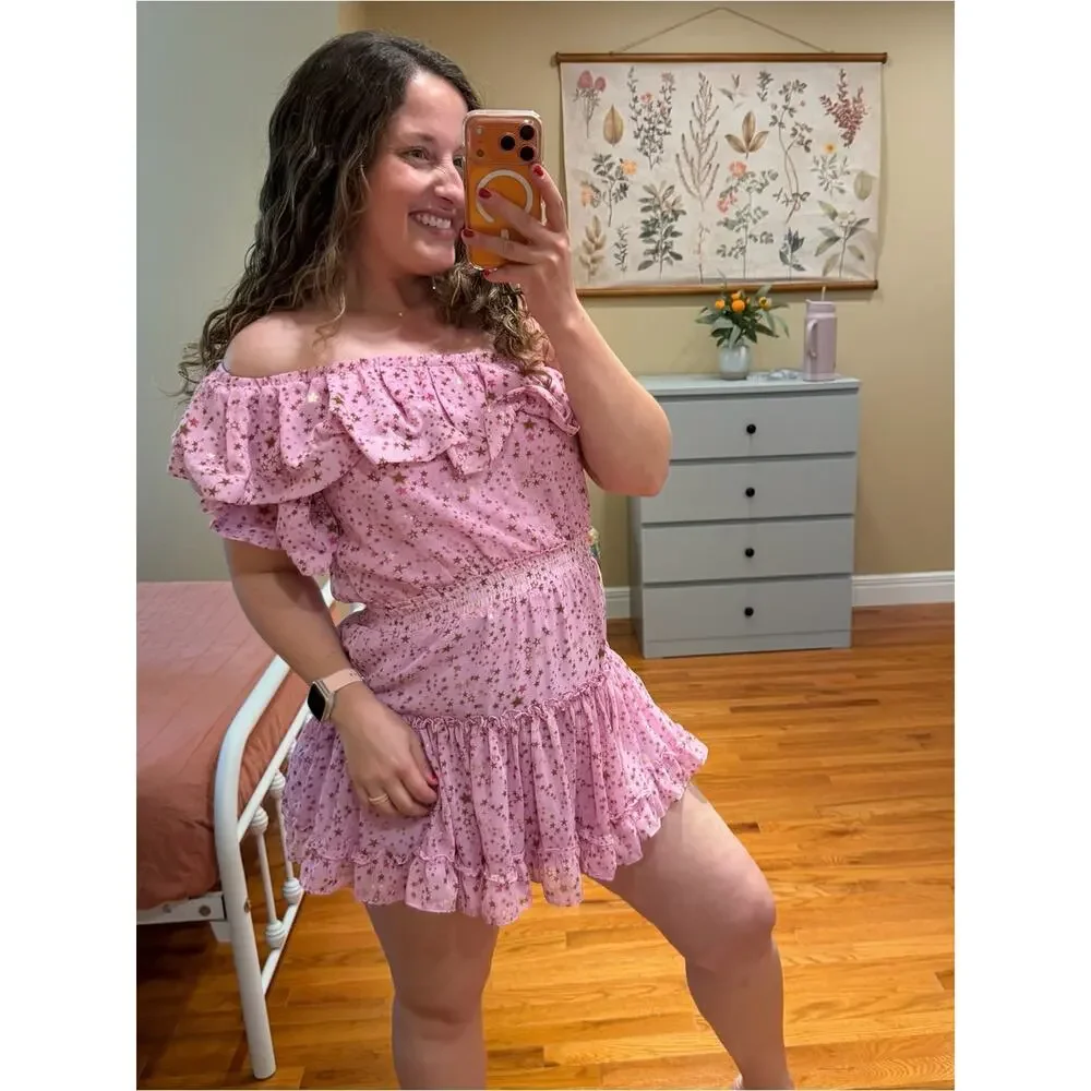 Buddy Love Pink Star-Print One-Shoulder Ruffle Mini Dress Small